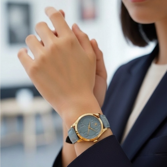 Gucci Accessories - COPY - GUCCI WOMENSWEAR G-TIMELESS SIGNATURE LEATHER STRAP WATCH BABY BLUE AND …